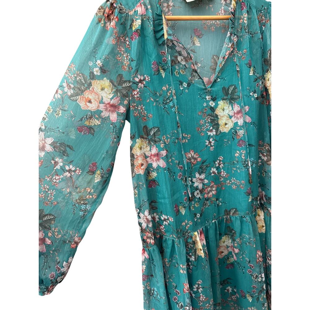 Anthropologie Maeve Emmy Floral Tunic Long Sleeve Sheer Dress Teal Size Small - Picture 7 of 12